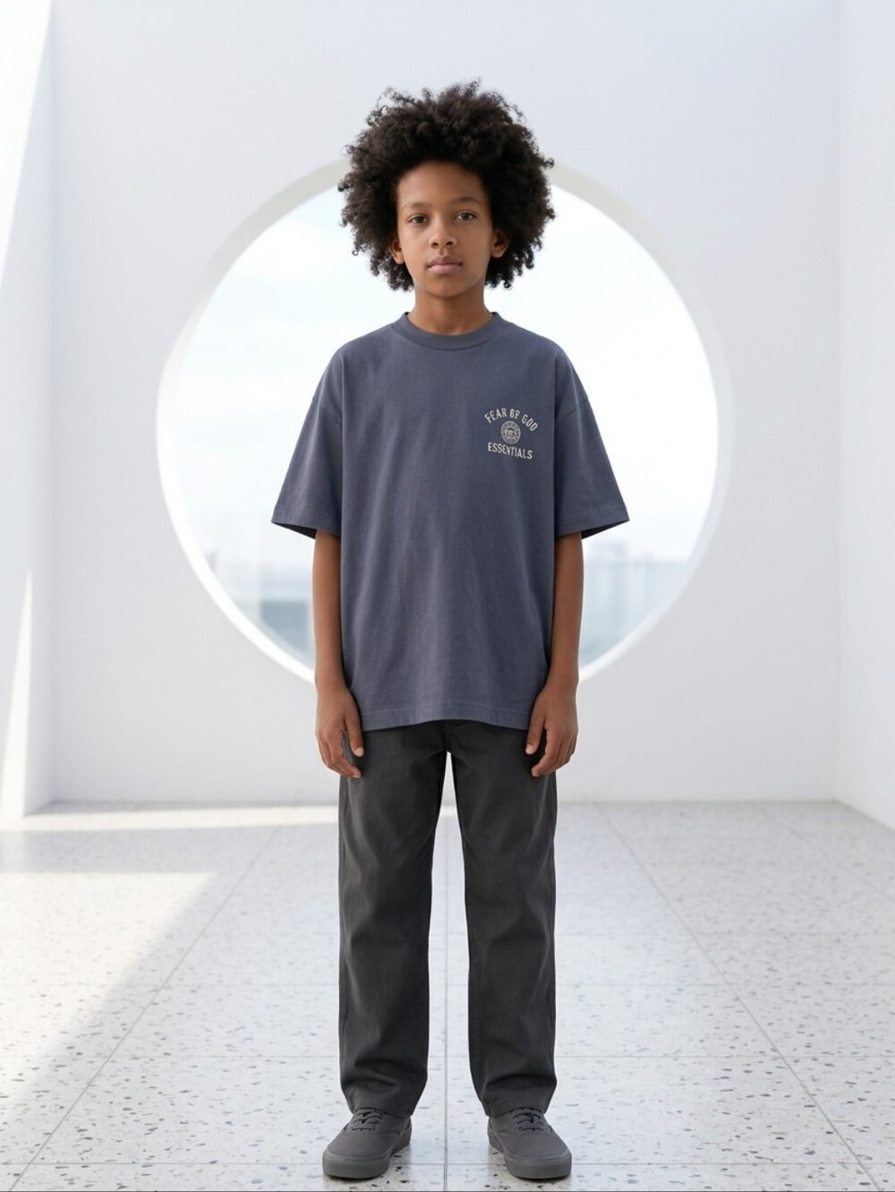 NWT Fear of God Essentials Kids Jersey Crewneck Tee Marine Navy Sz 8